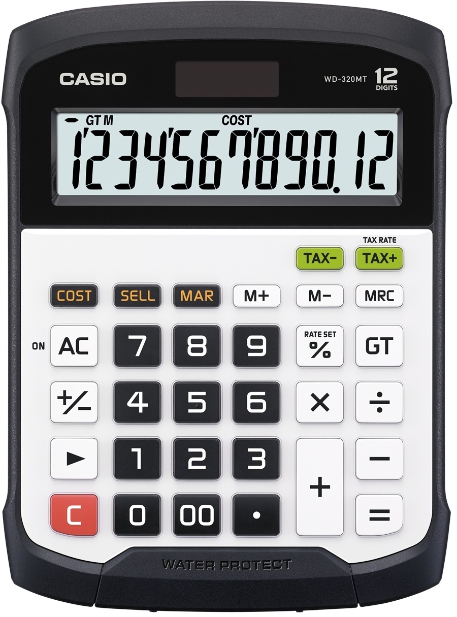 Casio WD-320MT Calcolatrice da Tavolo Waterproof e Dust Proof con Display a 12 Cifre e Tastiera Rimovibile - Bianco/Nero