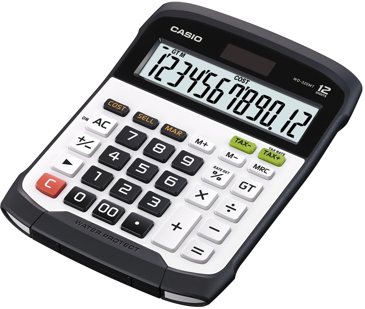 Casio WD-320MT Calcolatrice da Tavolo Waterproof e Dust Proof con Display a 12 Cifre e Tastiera Rimovibile - Bianco/Nero