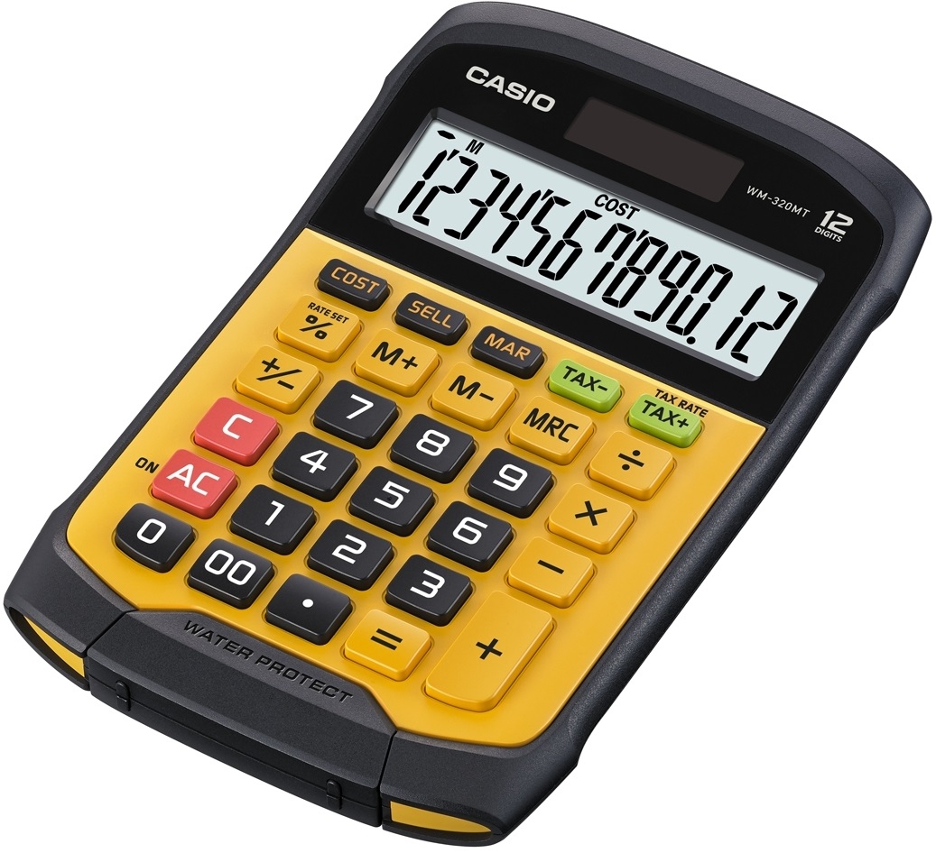Casio WM-320MT Calcolatrice da Tavolo Waterproof e Dust Proof con Display a 12 Cifre e Tastiera Rimovibile - Giallo/Nero