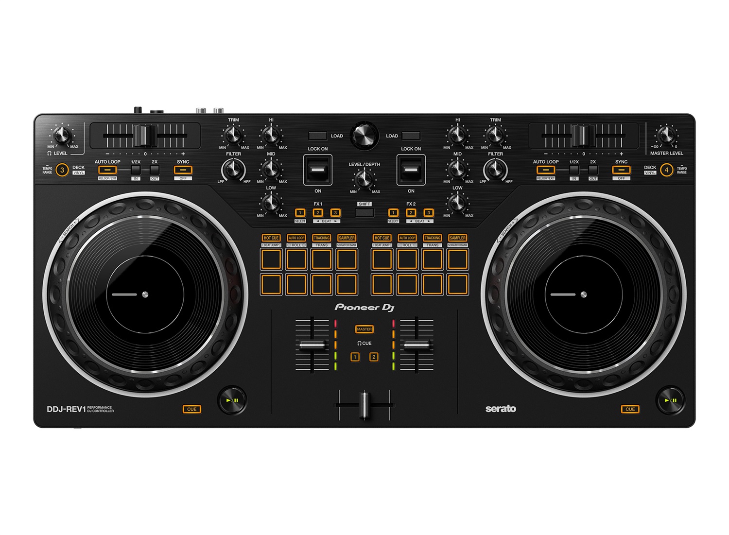 Pioneer DDJ-REV1 - Controller DJ a 2 canali in stile scratch per Serato DJ Lite con jog wheel grandi e layout da battaglia