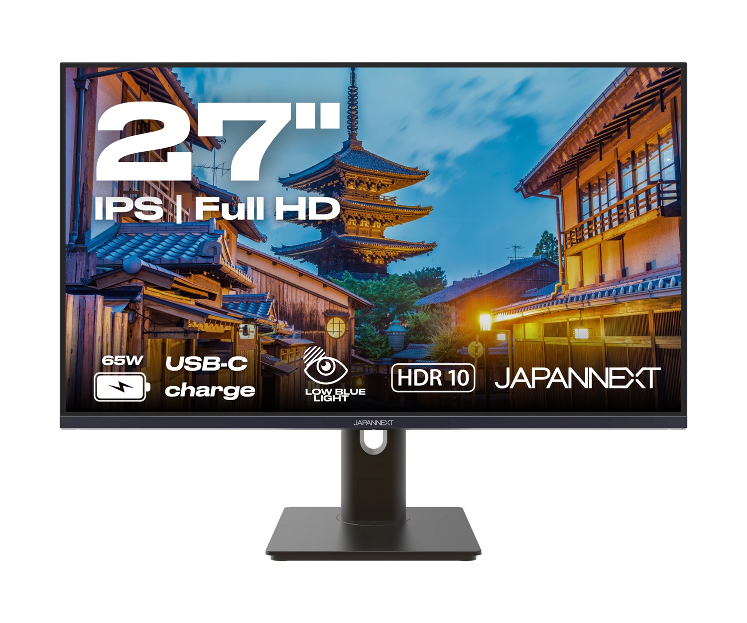 JAPANNEXT Monitor 27 IPS Full HD 1920x1080 con HDR, Ricarica USB-C 65W, Altezza e Inclinazione Regolabili, Altoparlanti, G-Sync/FreeSync
