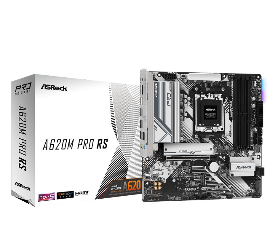 Asrock A620M Pro RS Scheda Madre AMD A620 Socket AM5 micro ATX con supporto DDR5, 192 GB, Dual-channel, HDMI, DP, Gigabit LAN, PCIe 4.0, RGB e 3x M.2
