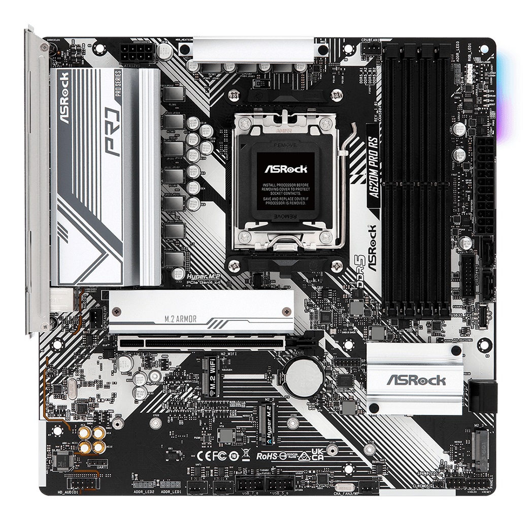 Asrock A620M Pro RS Scheda Madre AMD A620 Socket AM5 micro ATX con supporto DDR5, 192 GB, Dual-channel, HDMI, DP, Gigabit LAN, PCIe 4.0, RGB e 3x M.2
