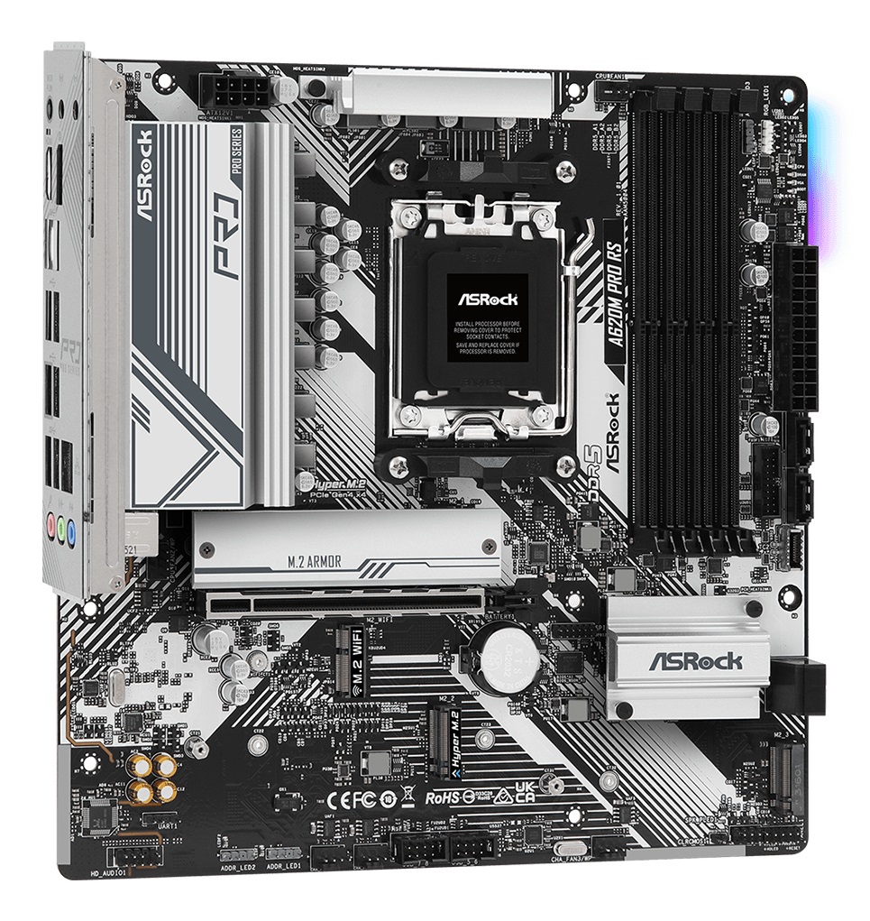 Asrock A620M Pro RS Scheda Madre AMD A620 Socket AM5 micro ATX con supporto DDR5, 192 GB, Dual-channel, HDMI, DP, Gigabit LAN, PCIe 4.0, RGB e 3x M.2