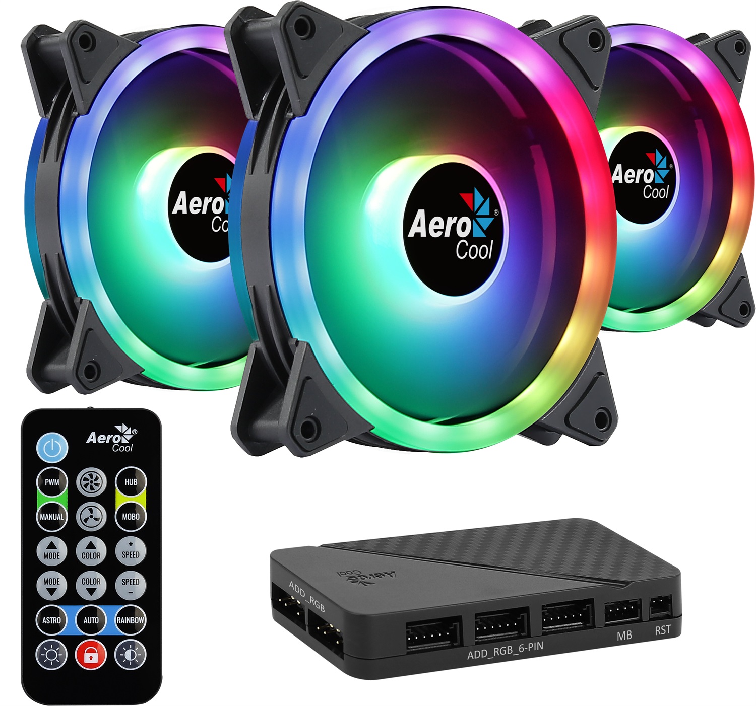 Aerocool Duo 12 Pro - Pack di 3 Ventilatori ARGB da 120mm con Hub RGB, Controllo Remoto, Pale Curve e Illuminazione LED