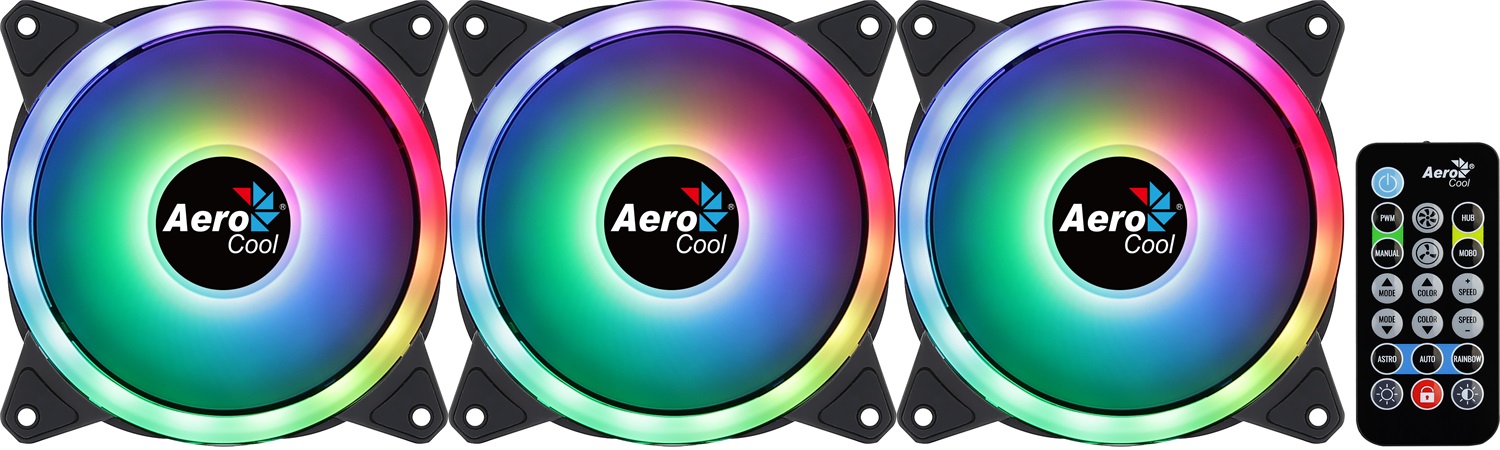 Aerocool Duo 12 Pro - Pack di 3 Ventilatori ARGB da 120mm con Hub RGB, Controllo Remoto, Pale Curve e Illuminazione LED