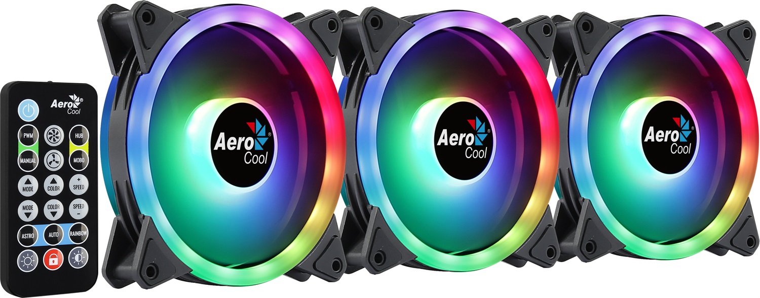Aerocool Duo 12 Pro - Pack di 3 Ventilatori ARGB da 120mm con Hub RGB, Controllo Remoto, Pale Curve e Illuminazione LED