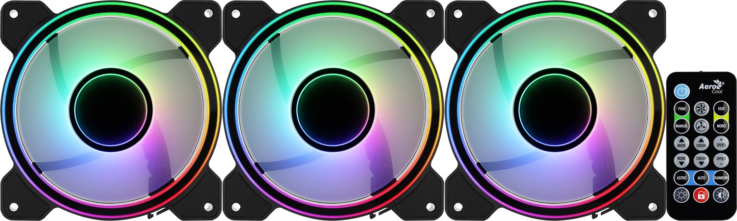 Aerocool Mirage 12 ARGB Pro - Kit di 3 Ventilatori ARGB 120mm con Hub RGB, Design Infinity Mirror, Controllo Remoto, Pale Curvate e Pad Anti-Vibrazione, Nero