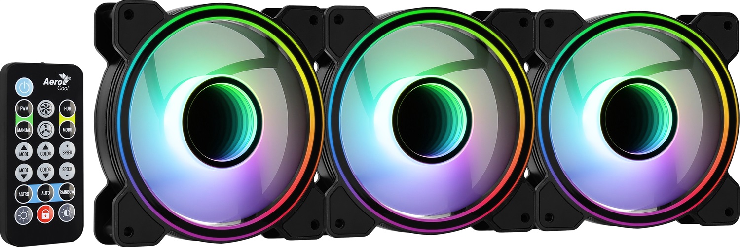 Aerocool Mirage 12 ARGB Pro - Kit di 3 Ventilatori ARGB 120mm con Hub RGB, Design Infinity Mirror, Controllo Remoto, Pale Curvate e Pad Anti-Vibrazione, Nero
