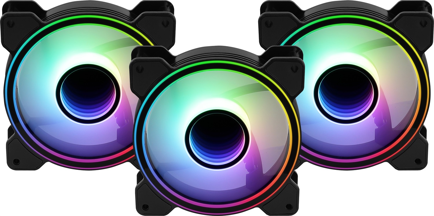Aerocool Mirage 12 ARGB Pro - Kit di 3 Ventilatori ARGB 120mm con Hub RGB, Design Infinity Mirror, Controllo Remoto, Pale Curvate e Pad Anti-Vibrazione, Nero