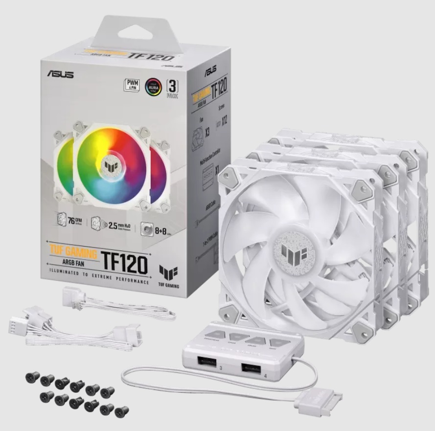 ASUS TUF GAMING TF120 ARGB WHITE EDITION 3IN1 - Ventole da 120mm con Illuminazione ARGB, Cuscinetto Fluidodinamico, Controller Incluso, 250.000 Ore di Durata, 3 Pezzi