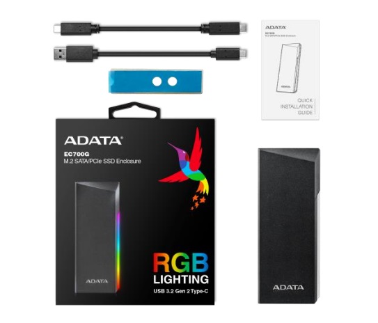 ADATA EC700G Contenitore Esterno SSD M.2 PCIe/NVMe/SATA con Illuminazione RGB, USB 3.2 Gen2 Type-C, Compatibile con 2280/2242/2230