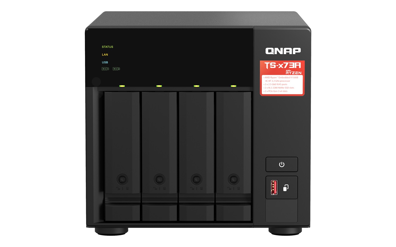 QNAP TS-473A NAS Tower con AMD Ryzen V1500B, 8GB DDR4, 4 Alloggiamenti e Switch QSW-1105-5T, Nero