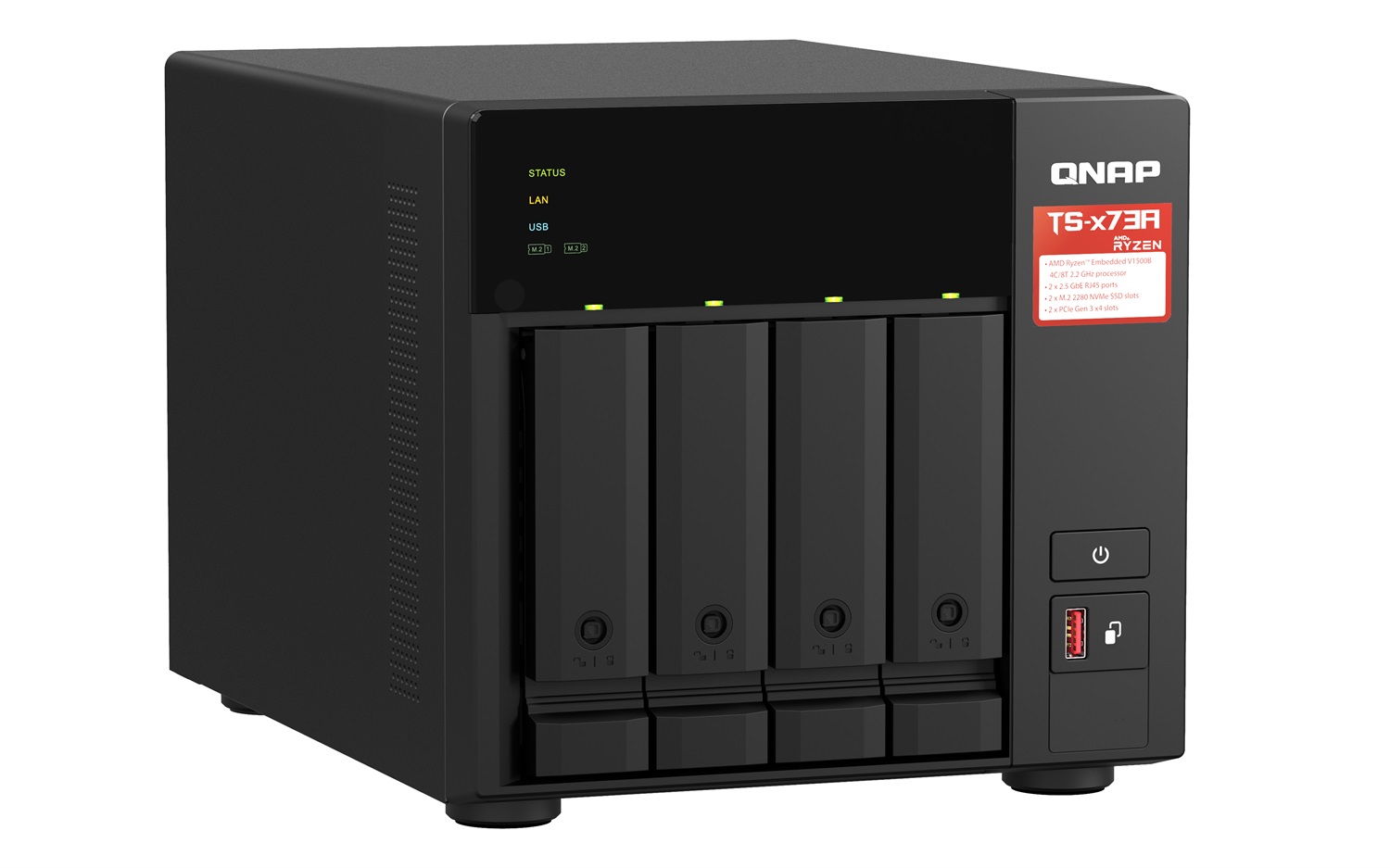 QNAP TS-473A NAS Tower con AMD Ryzen V1500B, 8GB DDR4, 4 Alloggiamenti e Switch QSW-1105-5T, Nero