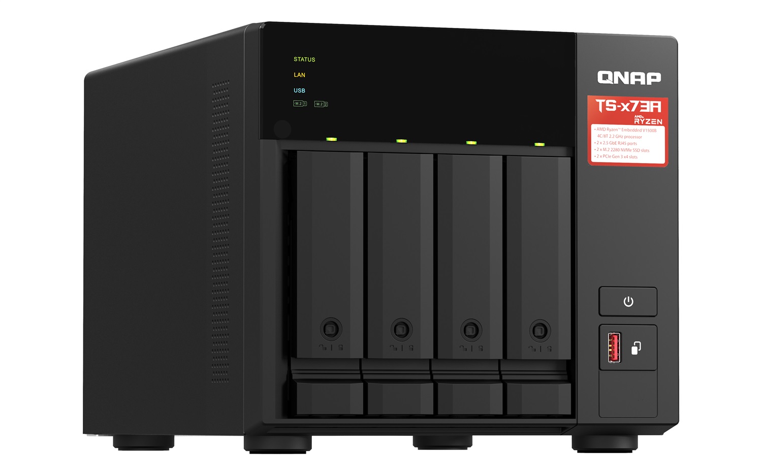 QNAP TS-473A NAS Tower con AMD Ryzen V1500B, 8GB DDR4, 4 Alloggiamenti e Switch QSW-1105-5T, Nero
