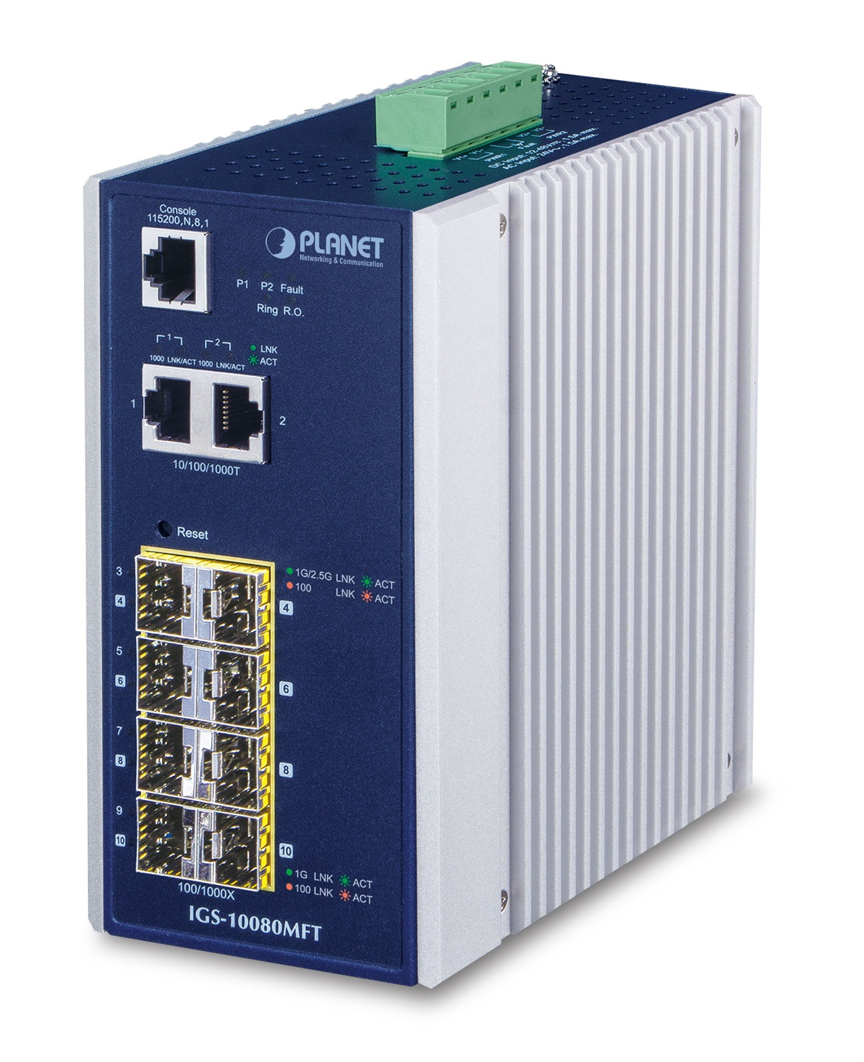 PLANET IGS-10080MFT Switch di Rete Gestito Gigabit Ethernet (10/100/1000) con 2 Porte RJ-45, Capacità di Commutazione 26 Gbit/s, Blu e Bianco