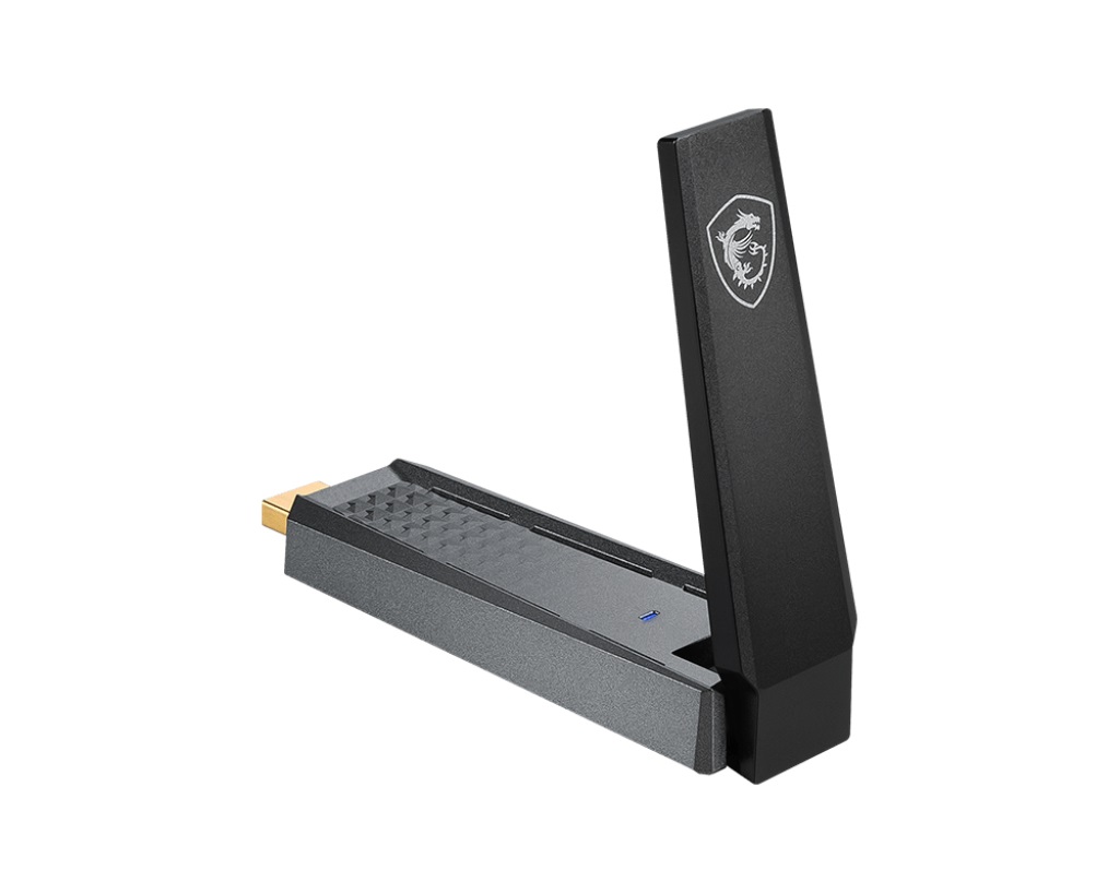 MSI AX1800 WiFi 6 Dual-Band USB Adapter - Fino a 1800 Mbps, USB 3.2 Gen 1 Type-A, MU-MIMO, Antenna Regolabile, Beamforming, WPA3, Base Cablata Inclusa