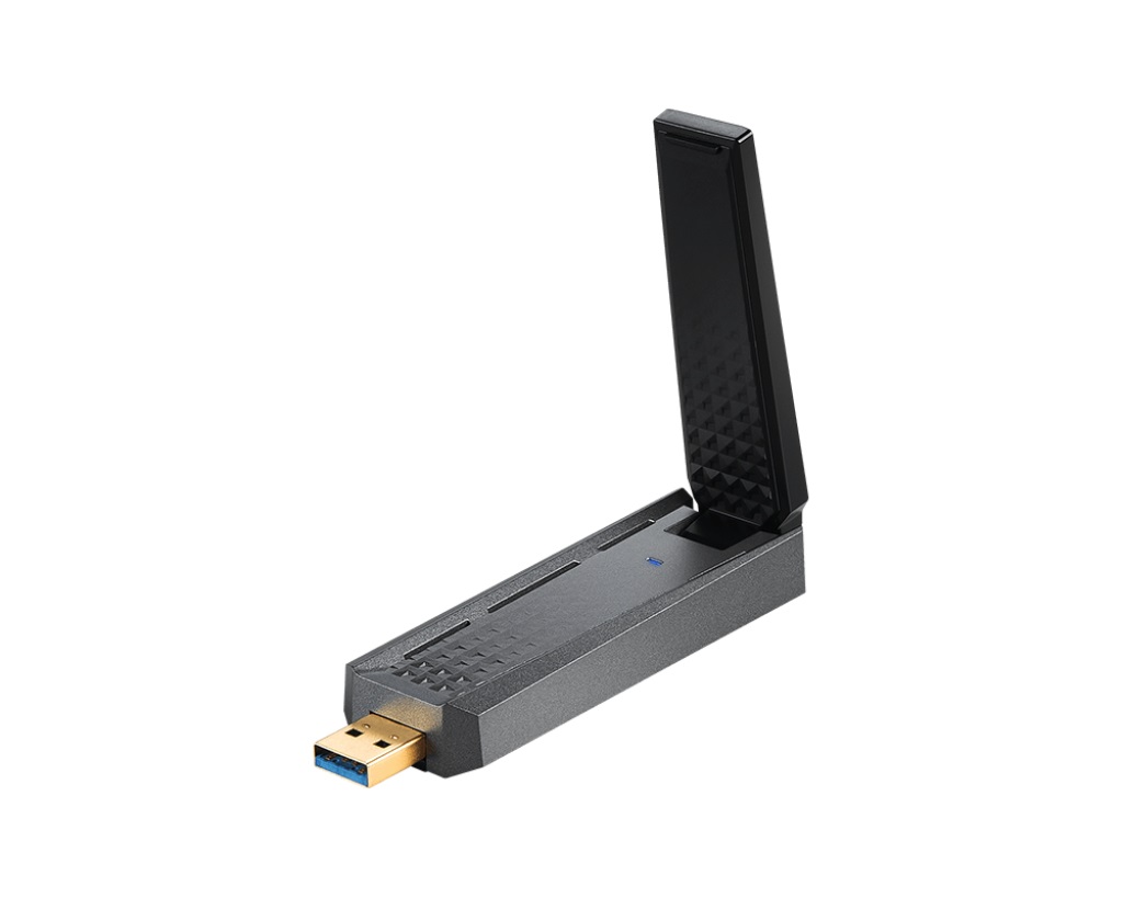 MSI AX1800 WiFi 6 Dual-Band USB Adapter - Fino a 1800 Mbps, USB 3.2 Gen 1 Type-A, MU-MIMO, Antenna Regolabile, Beamforming, WPA3, Base Cablata Inclusa