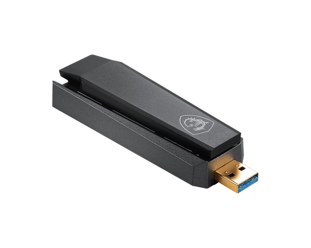 MSI AX1800 WiFi 6 Dual-Band USB Adapter - Fino a 1800 Mbps, USB 3.2 Gen 1 Type-A, MU-MIMO, Antenna Regolabile, Beamforming, WPA3, Base Cablata Inclusa