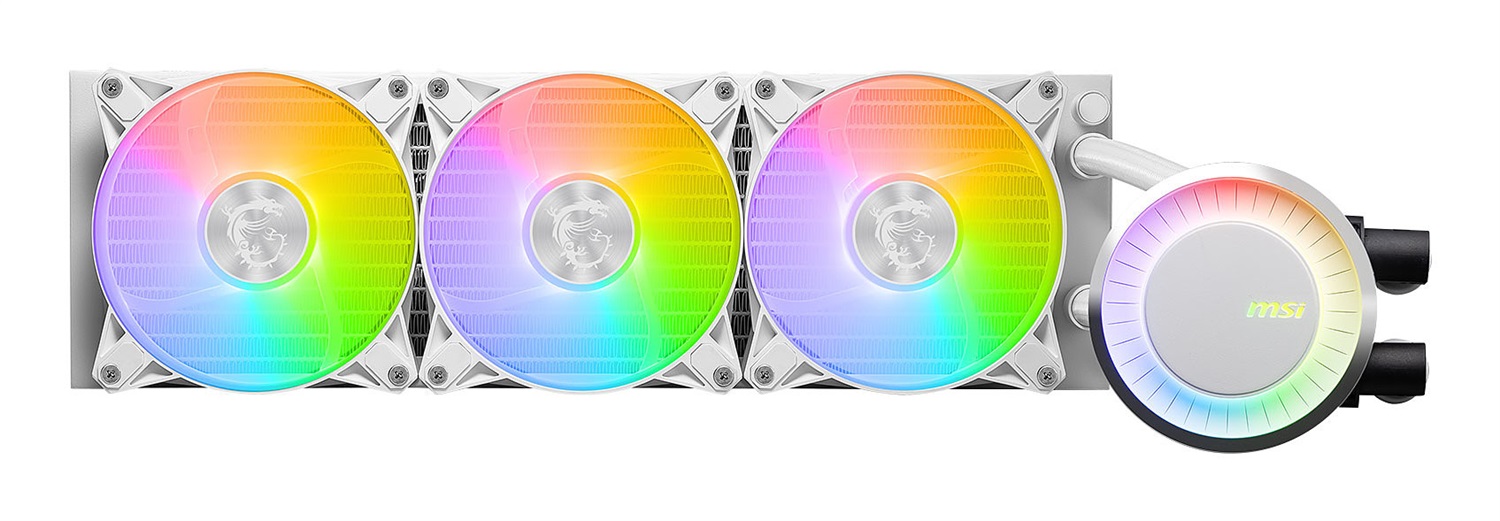 MSI MAG CORELIQUID E360 WHITE - Kit di raffreddamento a liquido 12 cm, flusso d'aria 75,04 pdc/min, Bianco, con piastra in rame, ARGB, ventole FDB, water block a 2 camere e supporto Mystic Light