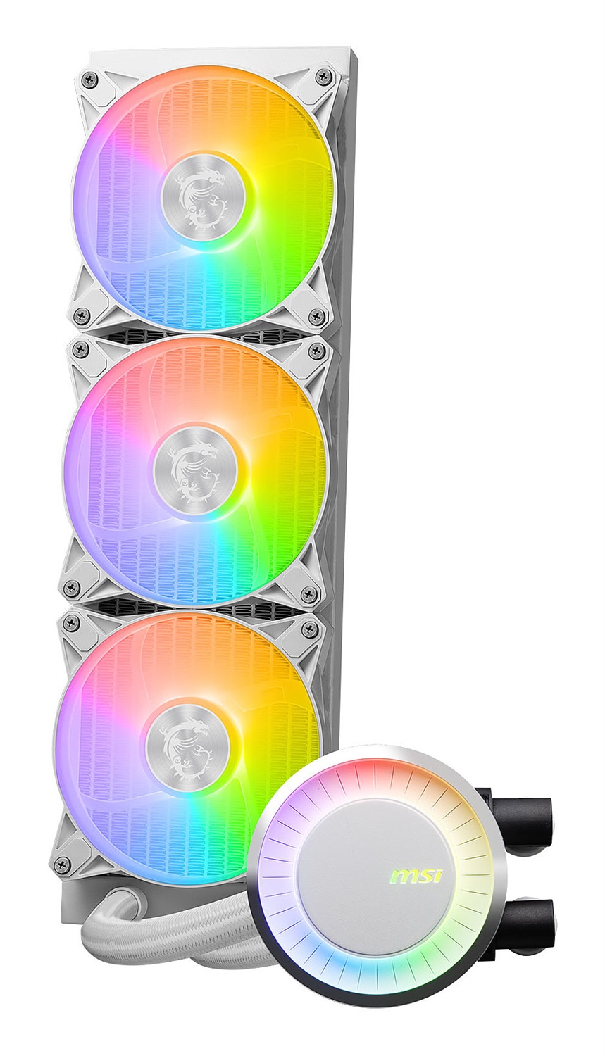 MSI MAG CORELIQUID E360 WHITE - Kit di raffreddamento a liquido 12 cm, flusso d'aria 75,04 pdc/min, Bianco, con piastra in rame, ARGB, ventole FDB, water block a 2 camere e supporto Mystic Light