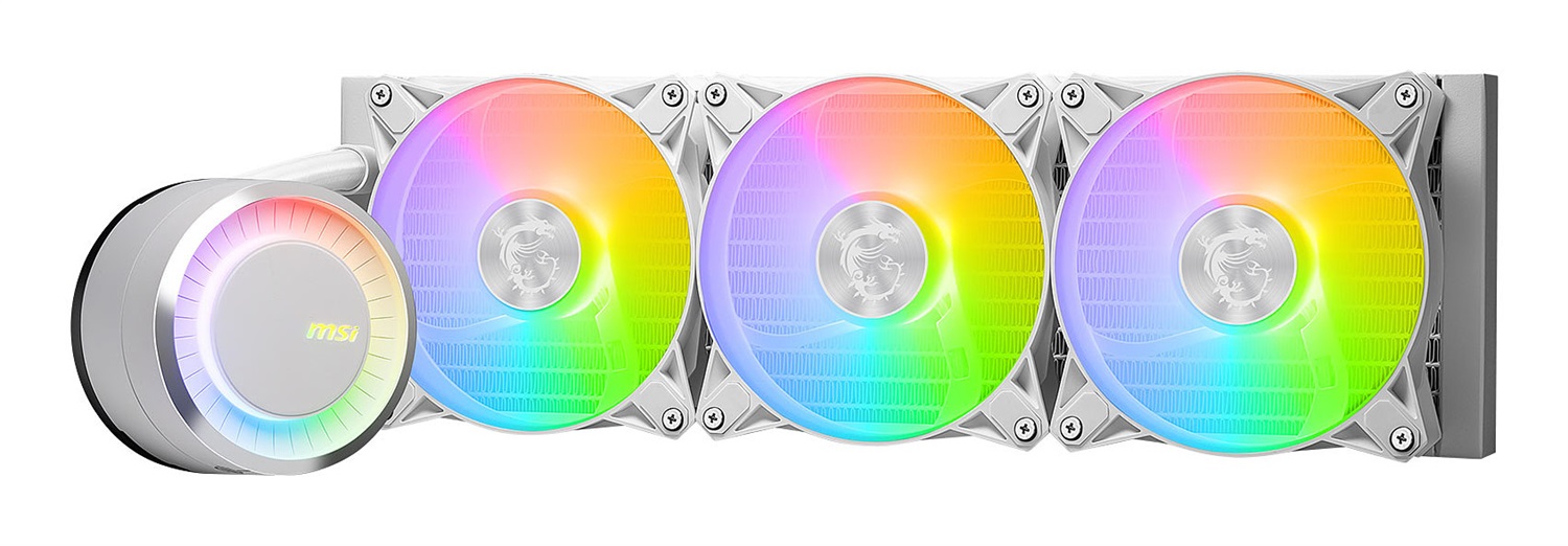 MSI MAG CORELIQUID E360 WHITE - Kit di raffreddamento a liquido 12 cm, flusso d'aria 75,04 pdc/min, Bianco, con piastra in rame, ARGB, ventole FDB, water block a 2 camere e supporto Mystic Light