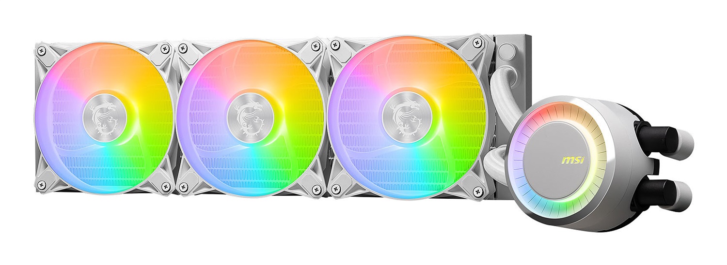 MSI MAG CORELIQUID E360 WHITE - Kit di raffreddamento a liquido 12 cm, flusso d'aria 75,04 pdc/min, Bianco, con piastra in rame, ARGB, ventole FDB, water block a 2 camere e supporto Mystic Light