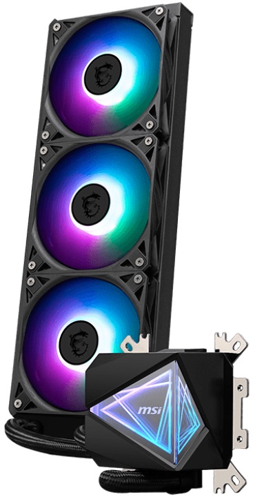 MSI MAG CORELIQUID I360 - Raffreddatore di liquidi AIO 12 cm con 3x Ventole ARGB, Flusso d'aria 70,7 pdc/min, Piastra fredda in rame, Nero