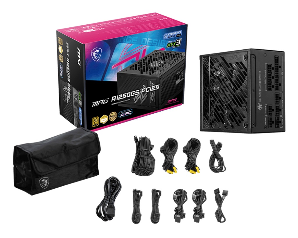 MSI MPG A1250GS PCIE5 - Alimentatore 1250 W, 80 Plus Gold, ATX 3.1, Modulare con supporto GPU PCIe 5.1 e connettori nativi 12V-2x6