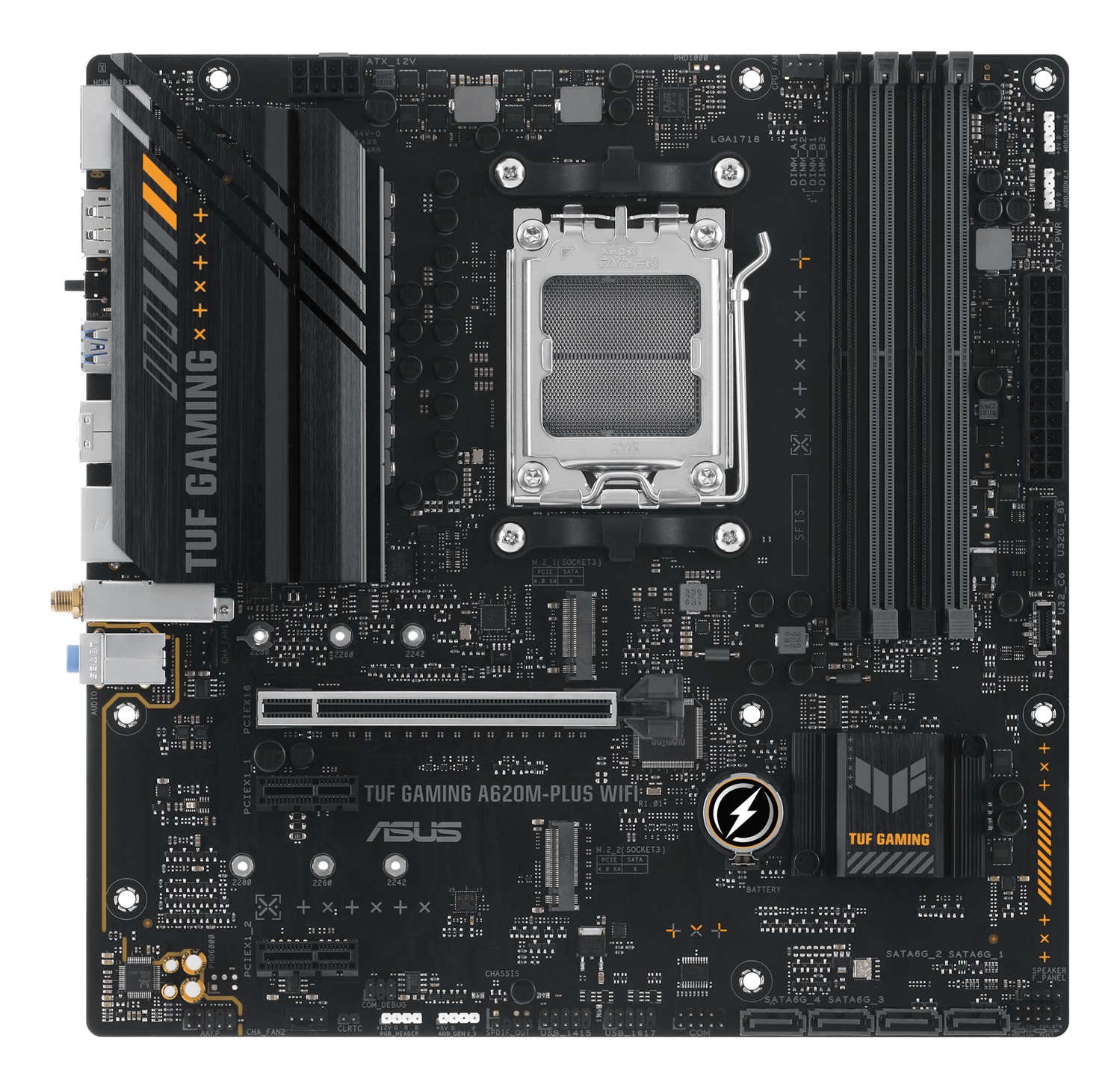 ASUS TUF GAMING A620M-PLUS WIFI Scheda Madre micro ATX AM5 con Wi-Fi 6, DDR5, PCIe 4.0, 2 slot M.2, Ethernet 2.5Gb, USB 3.2 e Aura Sync