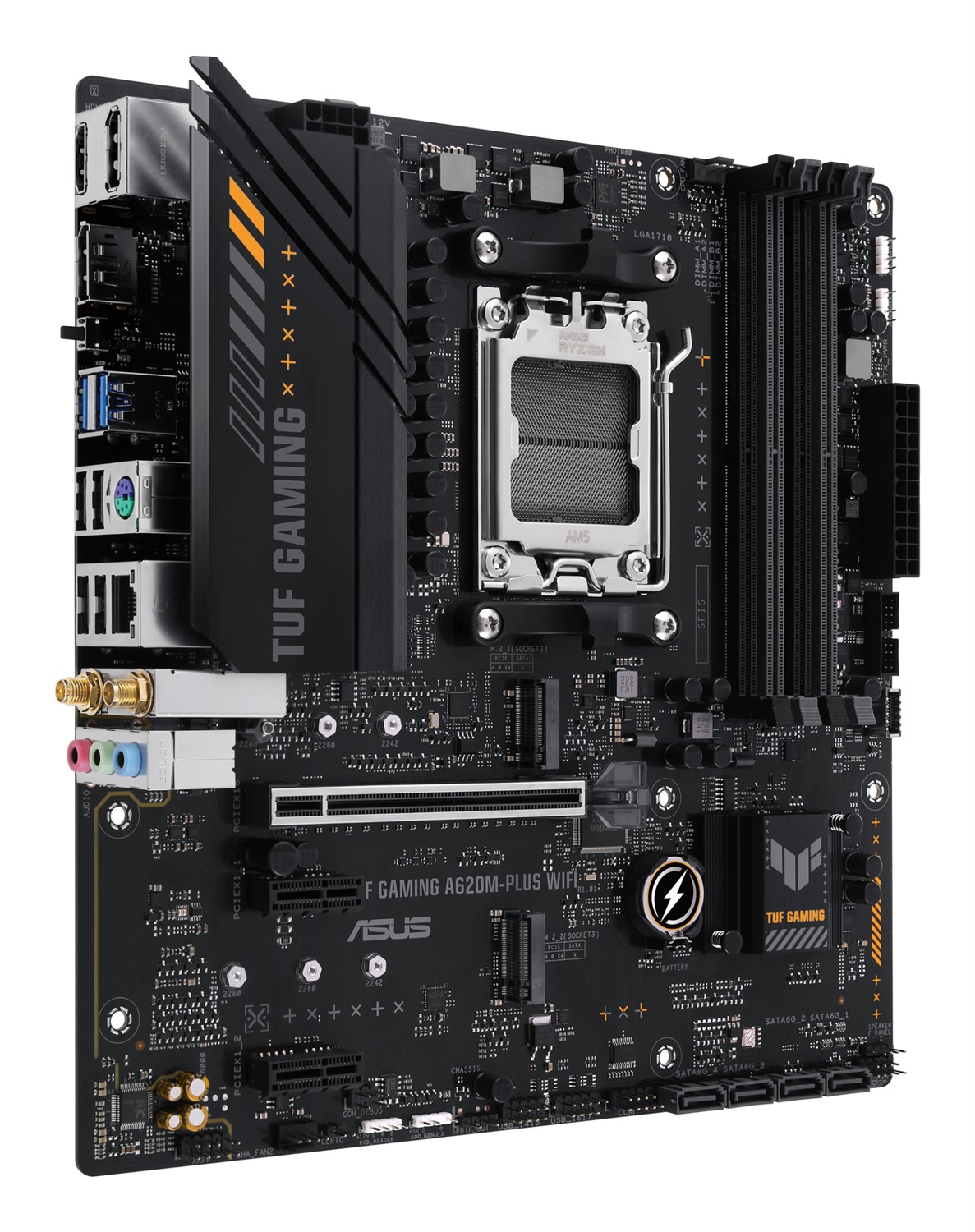 ASUS TUF GAMING A620M-PLUS WIFI Scheda Madre micro ATX AM5 con Wi-Fi 6, DDR5, PCIe 4.0, 2 slot M.2, Ethernet 2.5Gb, USB 3.2 e Aura Sync