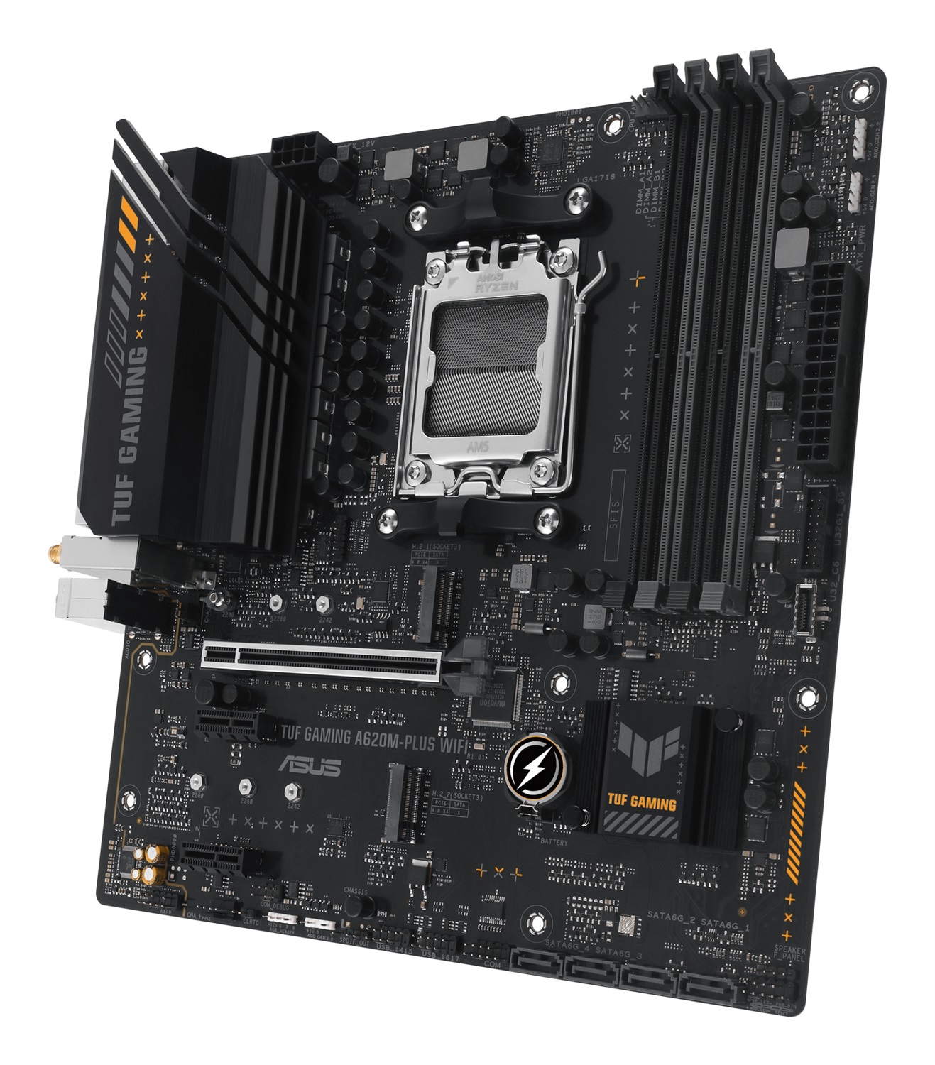 ASUS TUF GAMING A620M-PLUS WIFI Scheda Madre micro ATX AM5 con Wi-Fi 6, DDR5, PCIe 4.0, 2 slot M.2, Ethernet 2.5Gb, USB 3.2 e Aura Sync