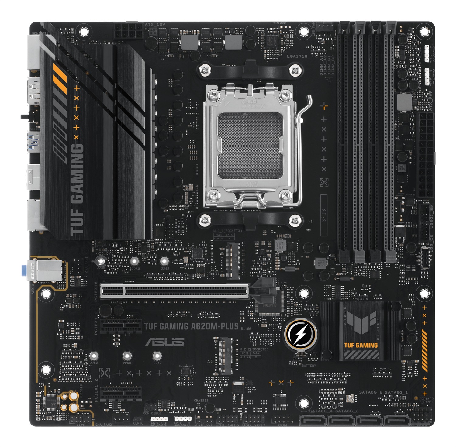 ASUS TUF GAMING A620M-PLUS Scheda Madre AMD A620 Socket AM5 micro ATX con DDR5, 128 GB, 2 slot M.2 PCIe 4.0, Ethernet 2.5Gb, HDMI e DisplayPort