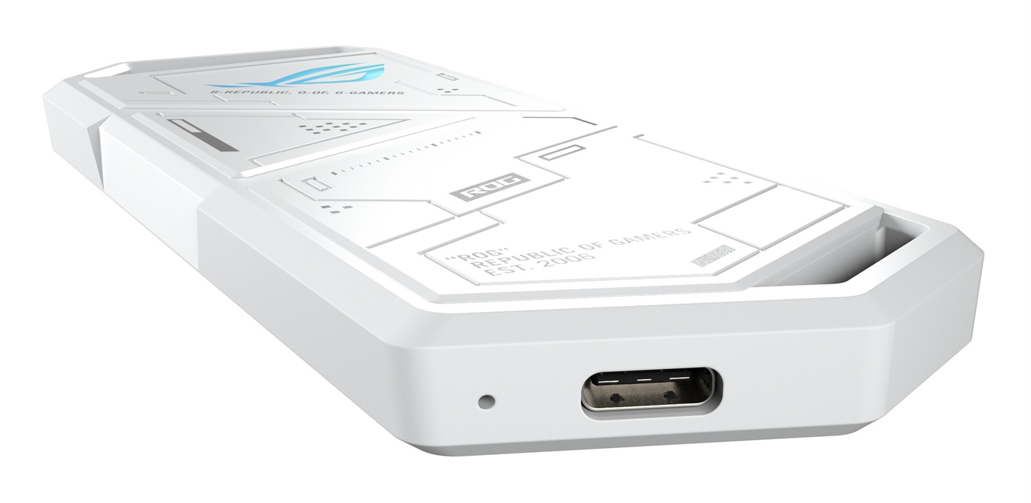 ASUS ROG Strix Arion White Edition - Custodia per SSD M.2 PCIe NVM Express, USB-C 3.2 Gen 2, Velocità fino a 10 Gbit/s, Scocca in Lega di Alluminio, Facile Installazione senza Cacciavite, Aura Sync, Bianco