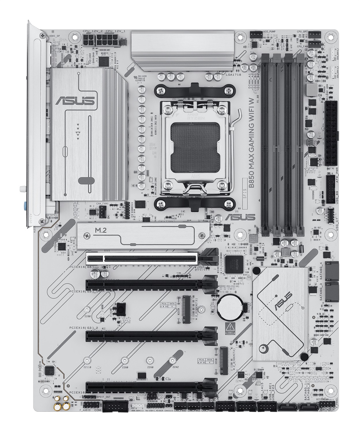 ASUS B850 MAX GAMING WIFI W - Scheda Madre ATX Socket AM5, 8 2 1 Fasi di Alimentazione, DDR5, PCIe 5.0, WiFi 6E, 3 slot M.2, Ethernet 2.5Gb, USB-A e USB-C, HDMI, BIOS Flashback e Aura Sync, Bianca
