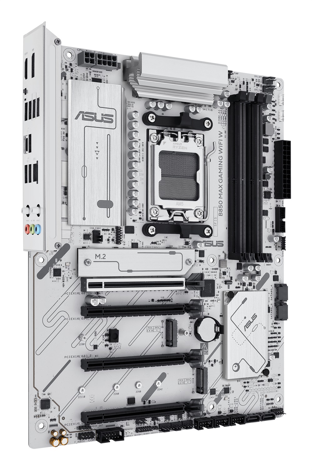 ASUS B850 MAX GAMING WIFI W - Scheda Madre ATX Socket AM5, 8 2 1 Fasi di Alimentazione, DDR5, PCIe 5.0, WiFi 6E, 3 slot M.2, Ethernet 2.5Gb, USB-A e USB-C, HDMI, BIOS Flashback e Aura Sync, Bianca