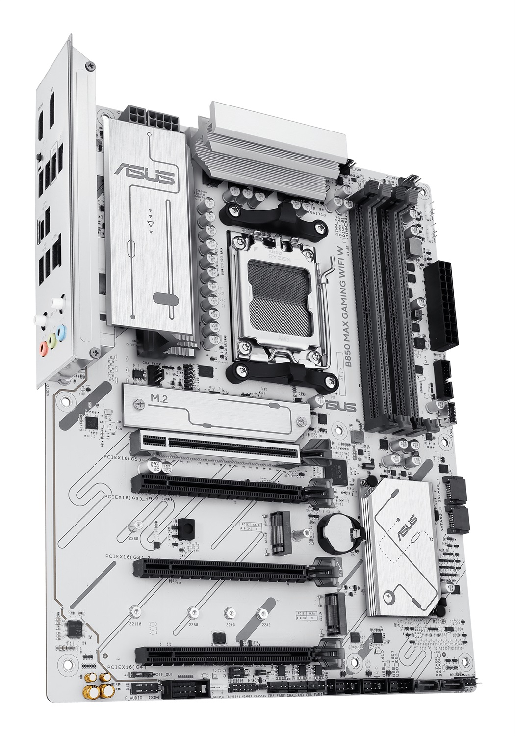 ASUS B850 MAX GAMING WIFI W - Scheda Madre ATX Socket AM5, 8 2 1 Fasi di Alimentazione, DDR5, PCIe 5.0, WiFi 6E, 3 slot M.2, Ethernet 2.5Gb, USB-A e USB-C, HDMI, BIOS Flashback e Aura Sync, Bianca