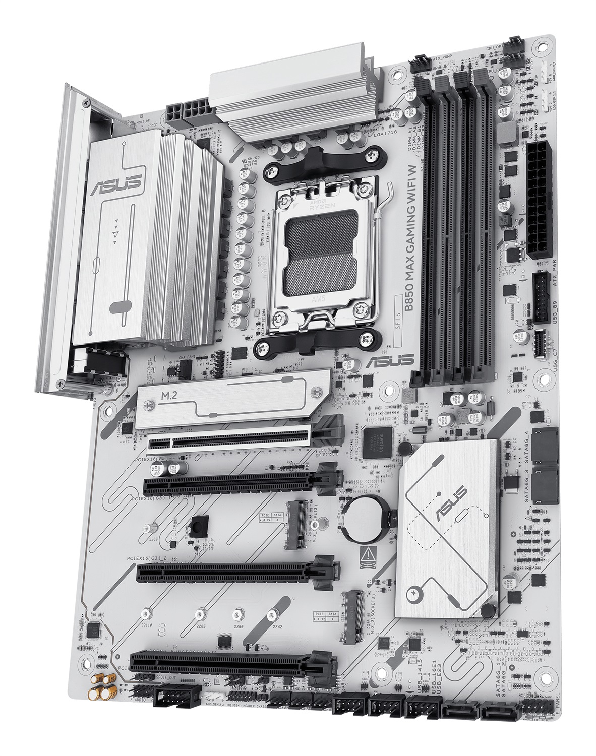 ASUS B850 MAX GAMING WIFI W - Scheda Madre ATX Socket AM5, 8 2 1 Fasi di Alimentazione, DDR5, PCIe 5.0, WiFi 6E, 3 slot M.2, Ethernet 2.5Gb, USB-A e USB-C, HDMI, BIOS Flashback e Aura Sync, Bianca