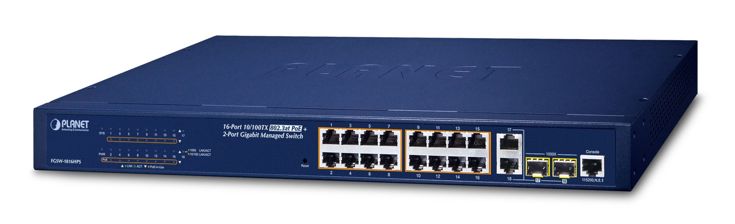 PLANET FGSW-1816HPS Switch di Rete Gestito L2 Fast Ethernet (10/100) con 16 Porte RJ-45 e Supporto Power over Ethernet (PoE) Blu