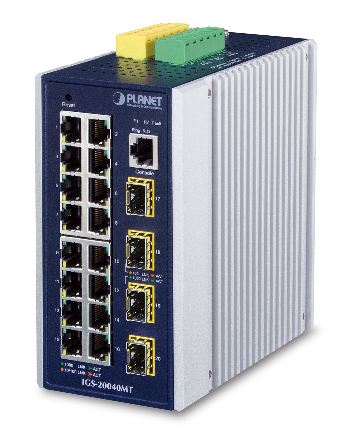 PLANET IGS-20040MT Switch di Rete Gestito L2 Gigabit Ethernet (10/100/1000) con 16 Porte RJ-45 e 4 Moduli SFP, Colore Blu e Bianco, Temperatura Operativa da -40 a 75°C