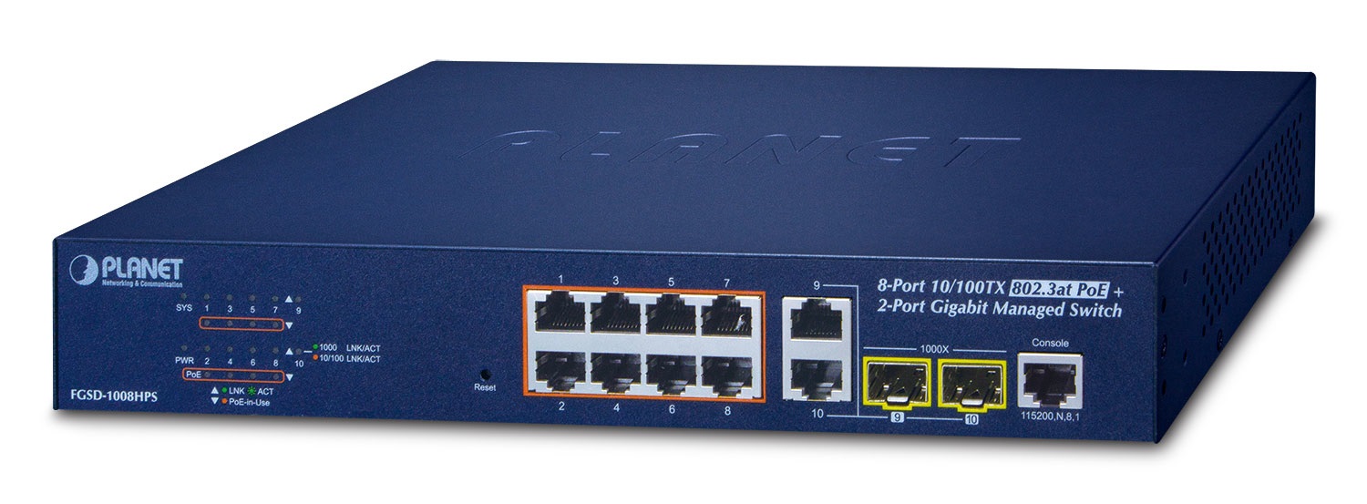 Planet Switch 8 Porte 10/100TX POE 802.3at con 2 Porte Gigabit