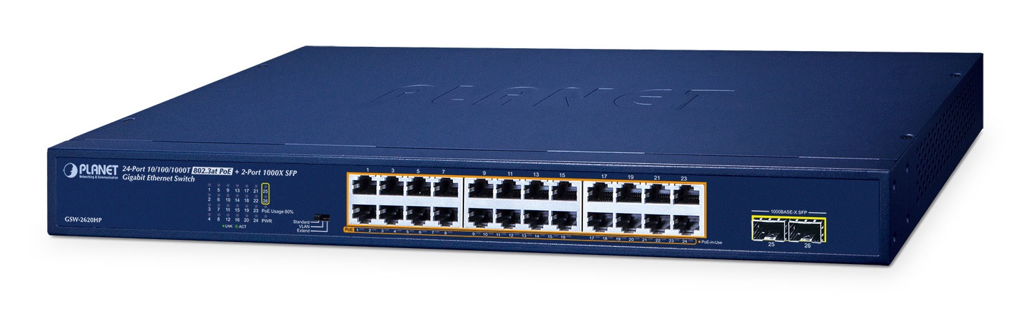 PLANET GSW-2620HP Switch di Rete Non Gestito 10G Ethernet (100/1000/10000) con 24 Porte RJ-45, 2 Moduli SFP, Capacità di Commutazione 52 Gbit/s, Supporto Power over Ethernet (PoE) 1U Blu