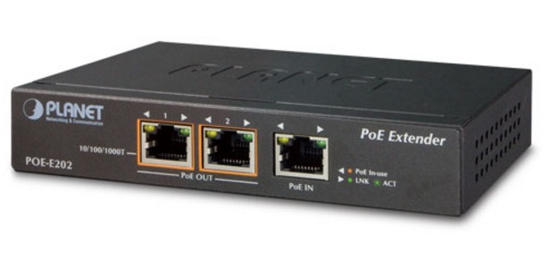 Planet POE-E202 Moltiplicatore di Rete Nero - 10/100/1000 Mbit/s, 1 Porta PoE in Entrata e 2 Porte PoE in Uscita da 25W, Standard 802.3at/af