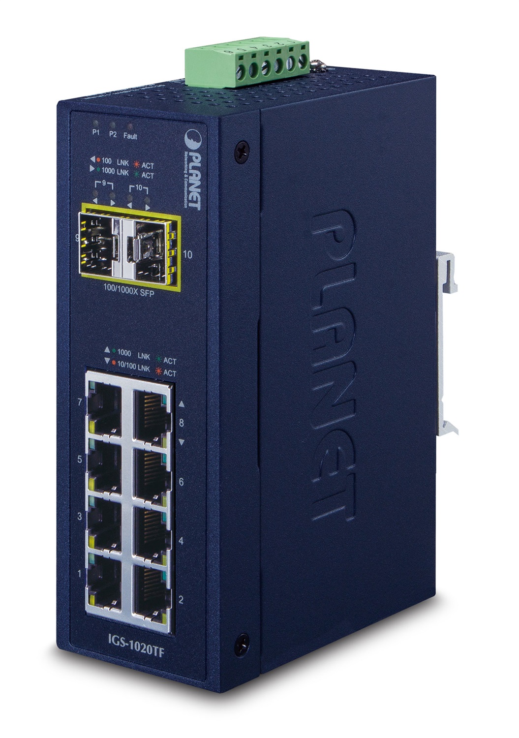 Planet IGS-1020TF Switch di Rete Non Gestito Gigabit Ethernet (10/100/1000) con 8 Porte RJ-45, Full Duplex, Capacità di Commutazione 20 Gbit/s, Temperatura Operativa -40~75°C