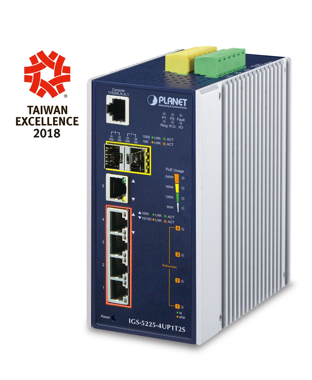 PLANET IGS-5225-4UP1T2S Switch di Rete Gestito L2 Gigabit Ethernet (10/100/1000) con 5 Porte RJ-45 e Supporto Power over Ethernet (PoE) - Blu, Argento