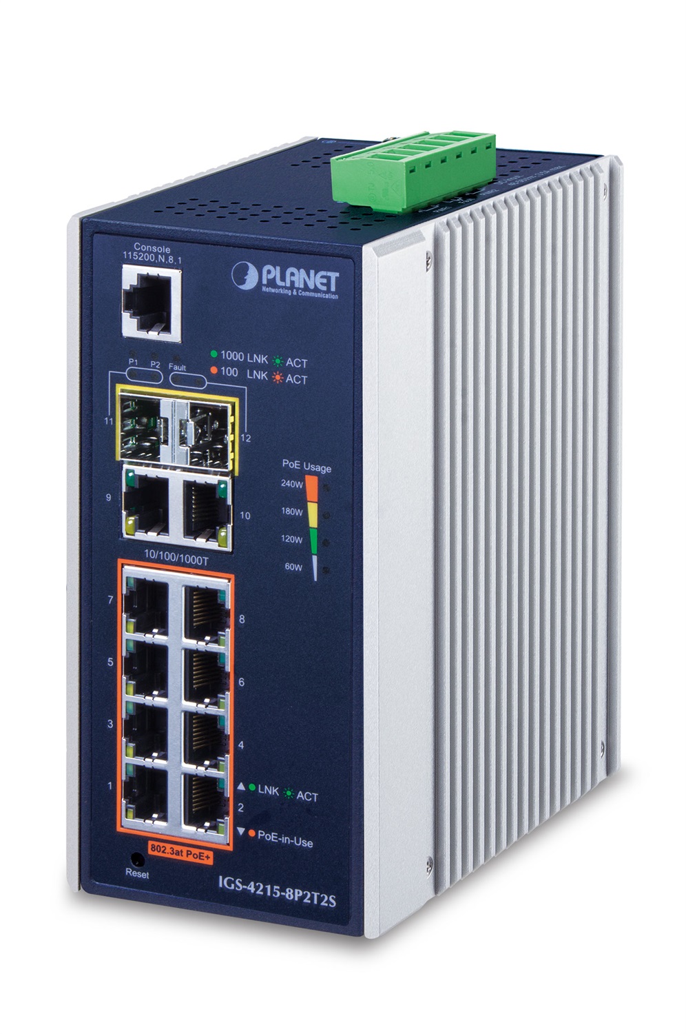 PLANET IGS-4215-8P2T2S Switch di rete Gestito L2/L4 Gigabit Ethernet (10/100/1000) con 10 porte RJ-45 e Supporto Power over Ethernet (PoE) - Blu e Argento