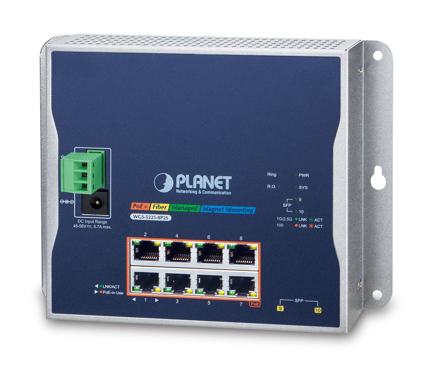 PLANET WGS-5225-8P2S Switch di Rete Gestito L2 /L4 con 8 Porte Gigabit Ethernet (10/100/1000) e Supporto Power over Ethernet (PoE) - Nero
