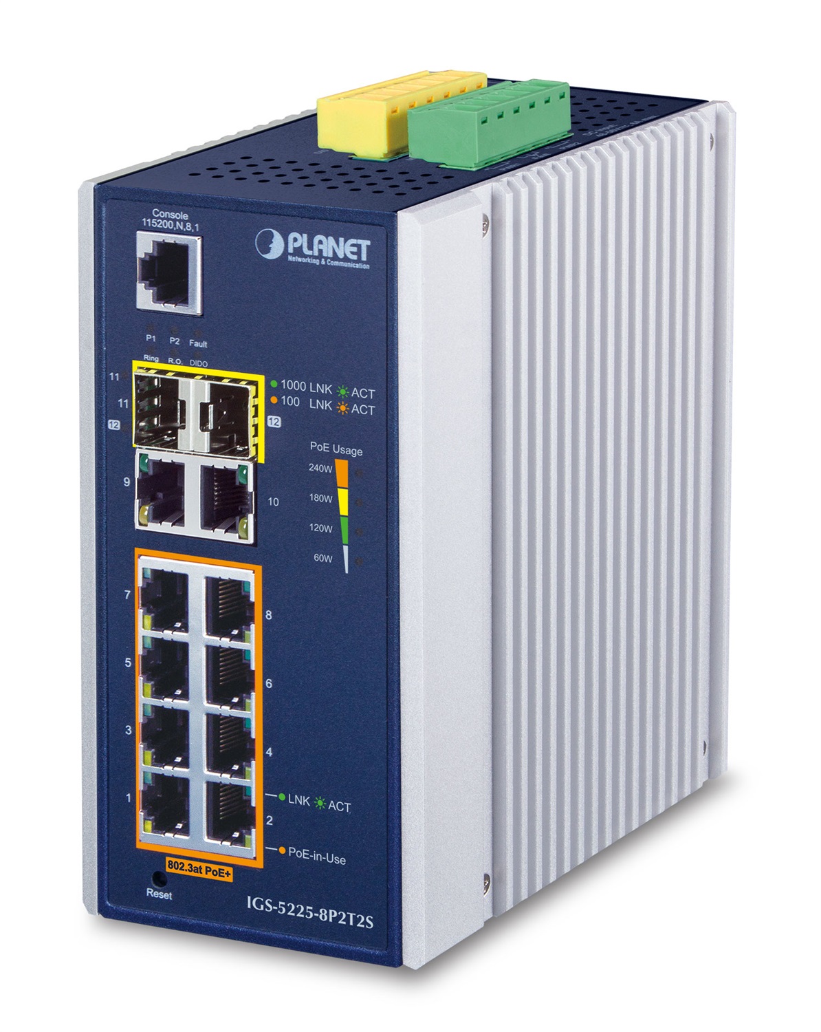 PLANET IGS-5225-8P2T2S Switch di Rete Gestito L2 Gigabit Ethernet (10/100/1000) con 10 Porte RJ-45 e Supporto Power over Ethernet (PoE) - Blu, Bianco