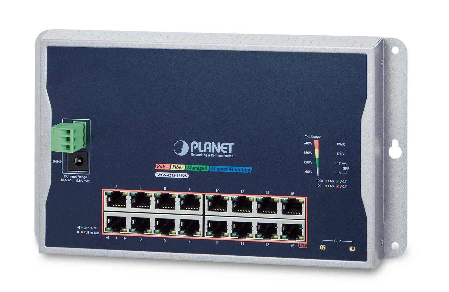PLANET WGS-4215-16P2S Switch di Rete Gestito L2 Gigabit Ethernet 16 Porte RJ-45 (10/100/1000) con Supporto Power over Ethernet (PoE) 802.3at, Montaggio a Parete, Nero