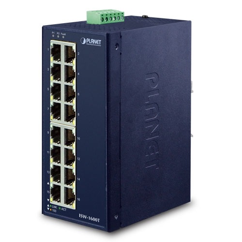 PLANET ISW-1600T Switch di rete Non gestito 16 Porte Fast Ethernet (10/100) IP30 Industrial Blu